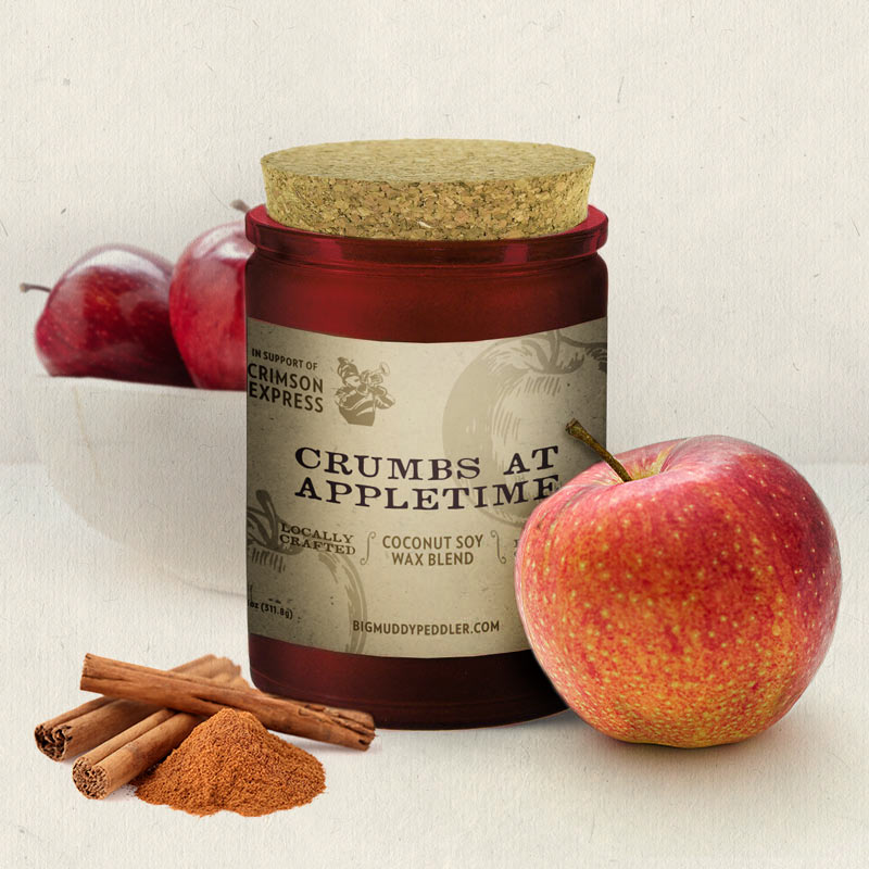 Crumbs at Appletime candle in jar with cinnamon and apples surrounding